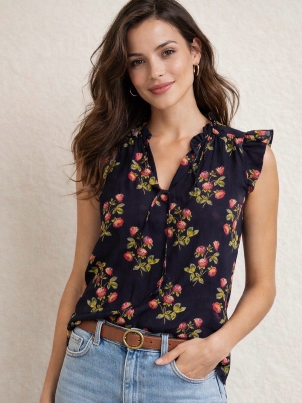 Point Sur J.Crew Floral Ruffle Tie Neck Sleeveless Blouse S